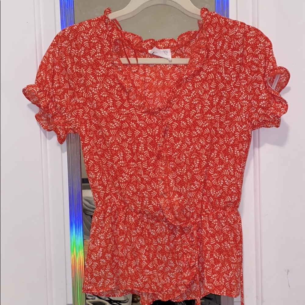 red and white tie front blouse